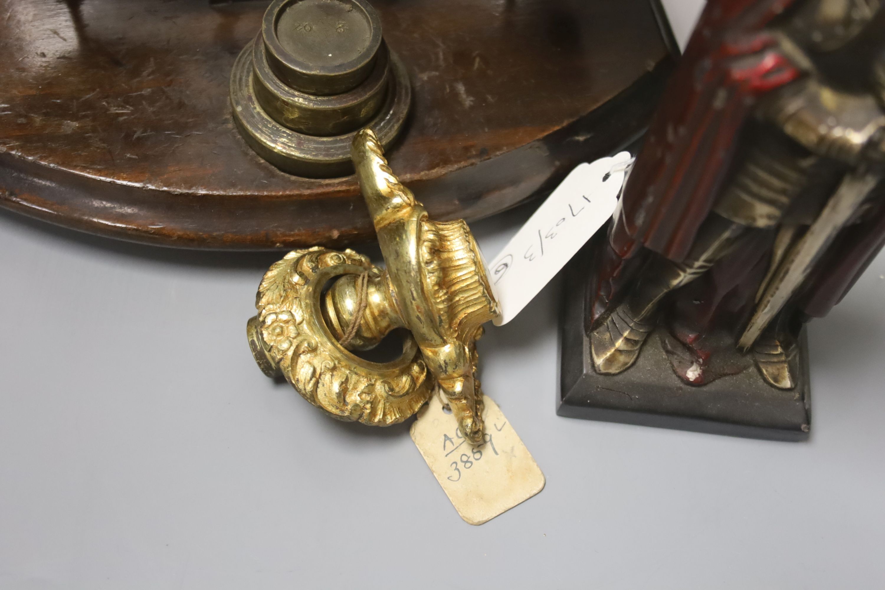 A set of letter scales and weights, a painted metal 'Medieval Knight' table lighter and sundry items